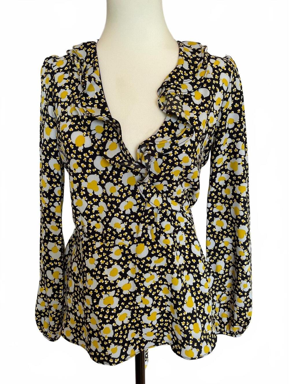 Karen Millen 4 Navy Daisy Floral Ruffle Blouse Long Sleeve Romantic Feminine